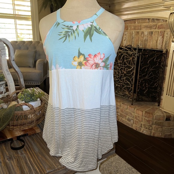 7th Ray Women's Sleeveless Floral Tank Top Size M Light Blue Ivory - Picture 1 of 10